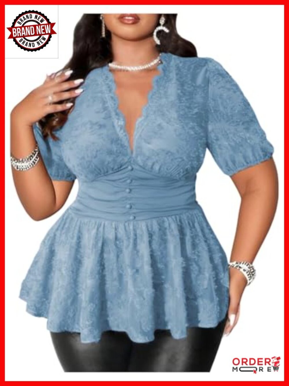Plus Size Sexy Peplum Lace Top Sheer Mesh Going Out Short Sleeve Blouse